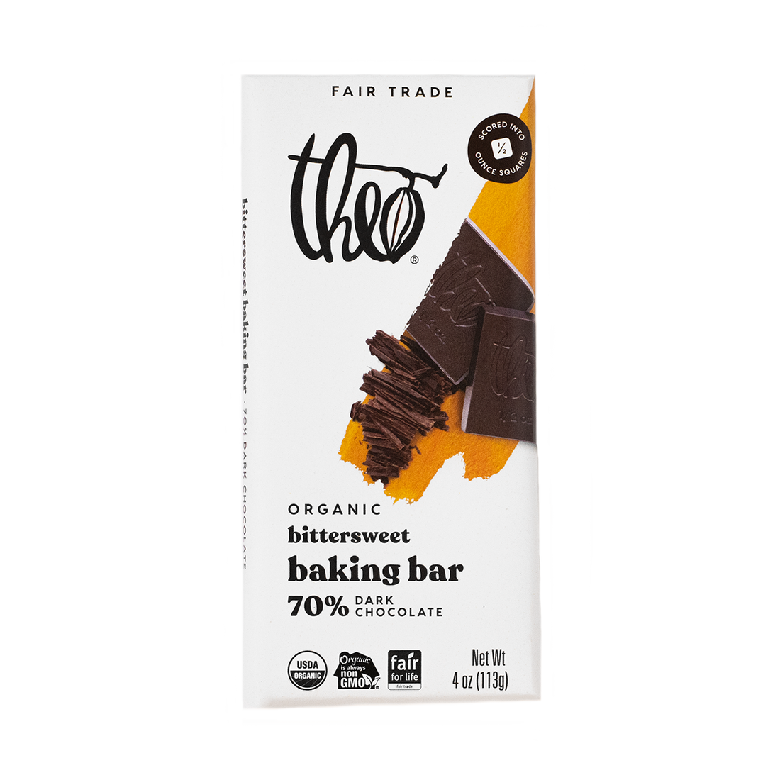 Theo organic bittersweet baking bar 70% dark chocolate packaging on a white background