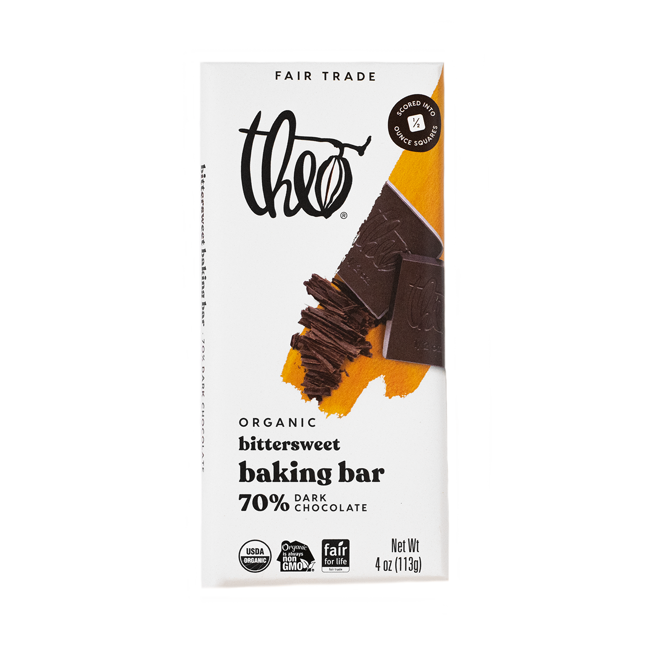 Theo organic bittersweet baking bar 70% dark chocolate packaging on a white background