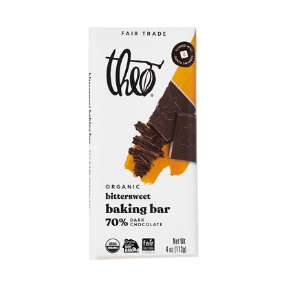 Theo organic bittersweet baking bar 70% dark chocolate packaging on a white background