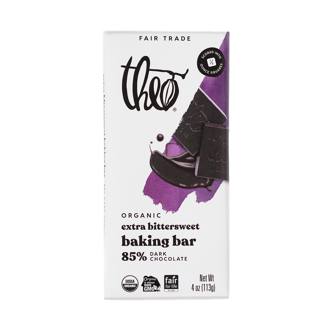 Theo organic extra bittersweet baking bar 85% dark chocolate packaging on a white background