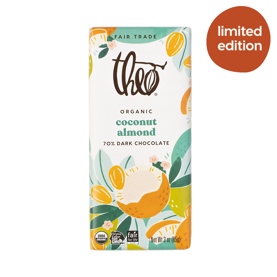 Theo Organic Coconut Almond 70% Dark Chocolate packaging with &