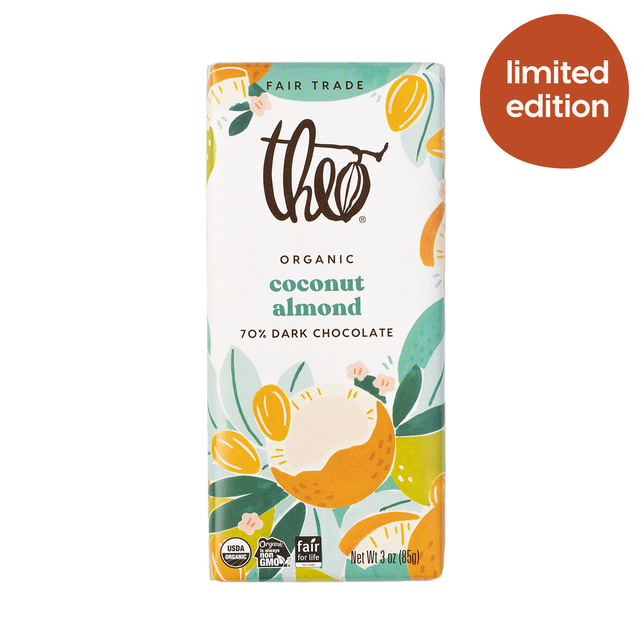 Theo Organic Coconut Almond 70% Dark Chocolate packaging with &