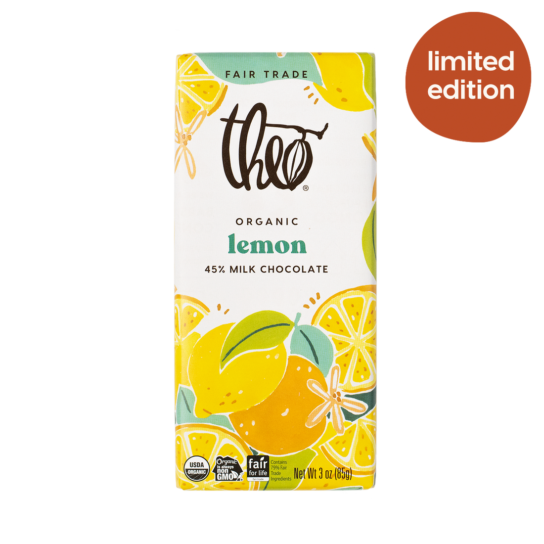 Theo Organic Lemon 45% Milk Chocolate bar packaging on a white background