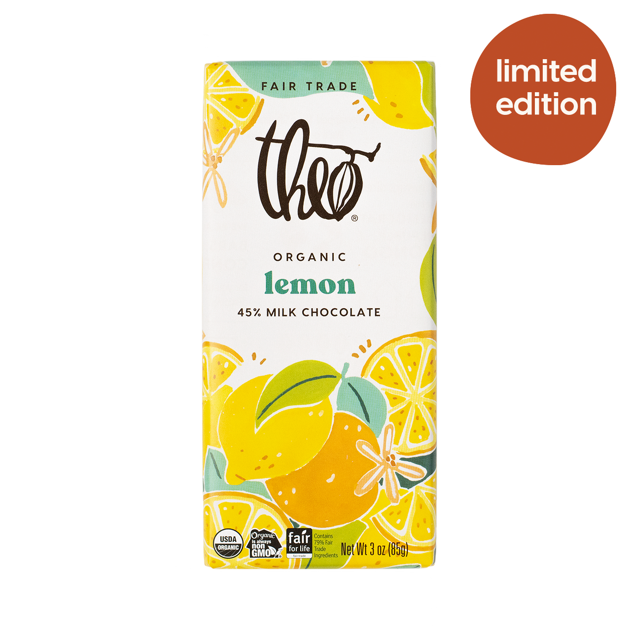 Theo Organic Lemon 45% Milk Chocolate bar packaging on a white background