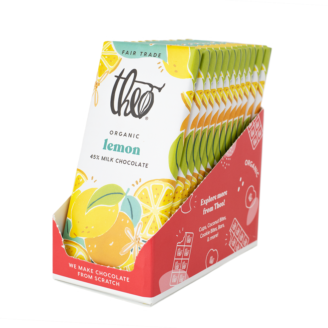 Box of 12 Theo Organic lemon 45% milk chocolate bars on a white background.