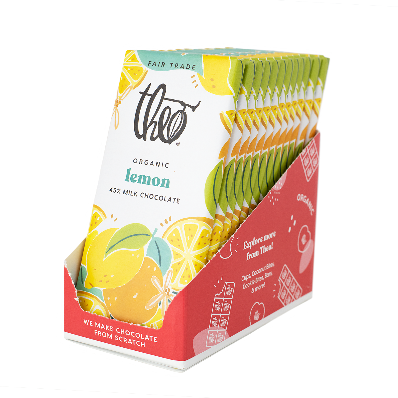 Box of 12 Theo Organic lemon 45% milk chocolate bars on a white background.