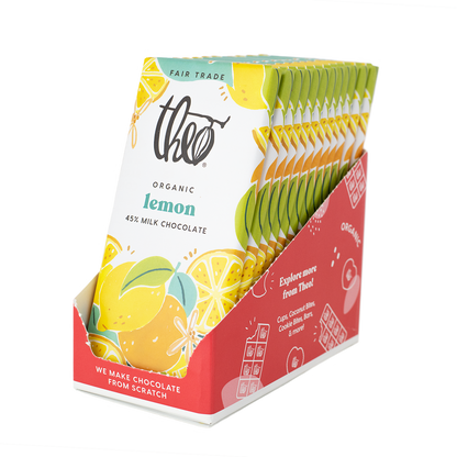 Box of 12 Theo Organic lemon 45% milk chocolate bars on a white background.