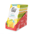 Box of 12 Theo Organic lemon 45% milk chocolate bars on a white background.