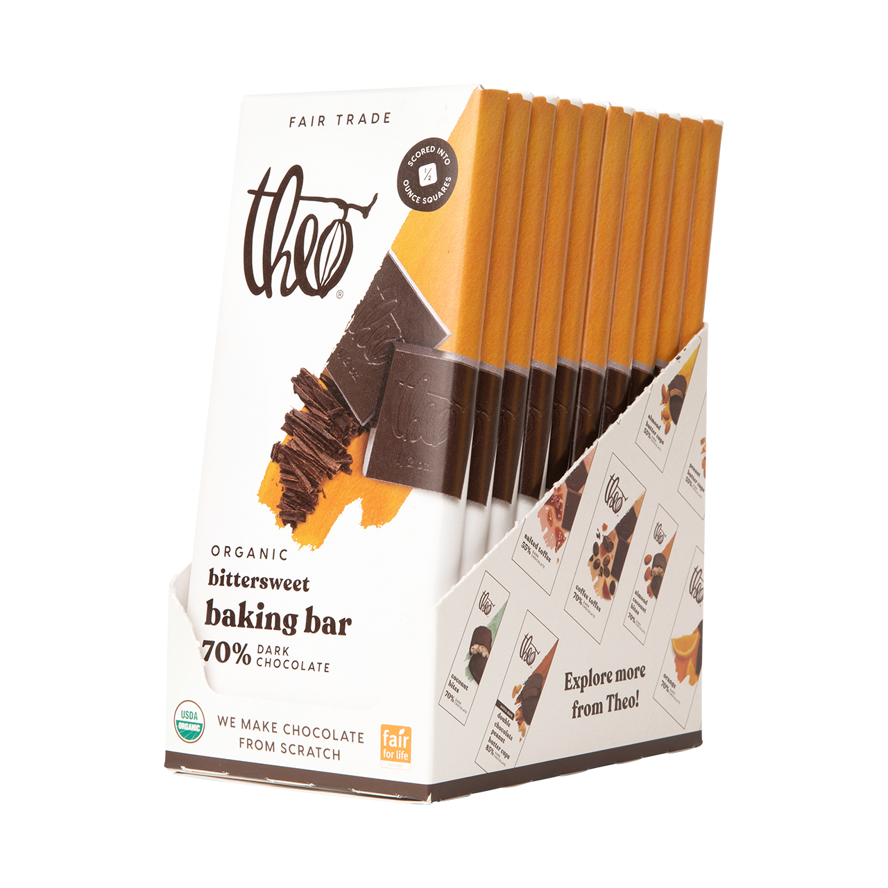 Box of 10 Theo Organic bittersweet baking bars on a white background