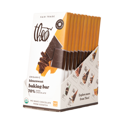 Box of 10 Theo Organic bittersweet baking bars on a white background