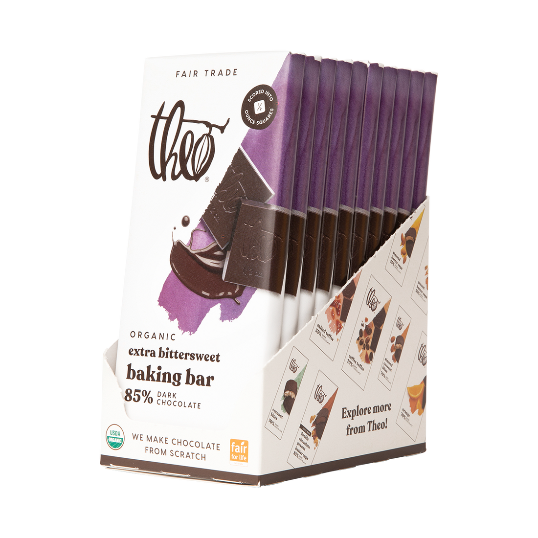 Box of 10 Theo organic extra bittersweet baking bars on a white background
