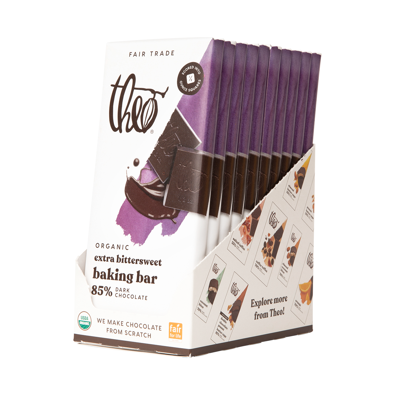 Box of 10 Theo organic extra bittersweet baking bars on a white background