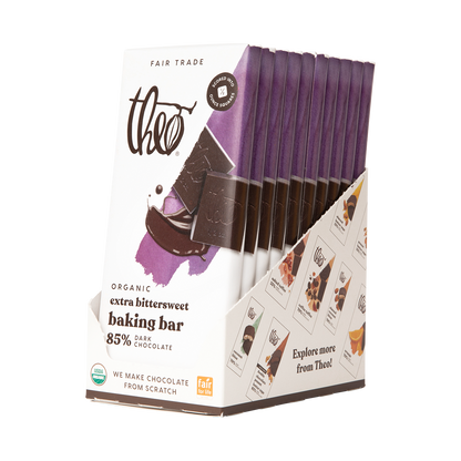 Box of 10 Theo organic extra bittersweet baking bars on a white background