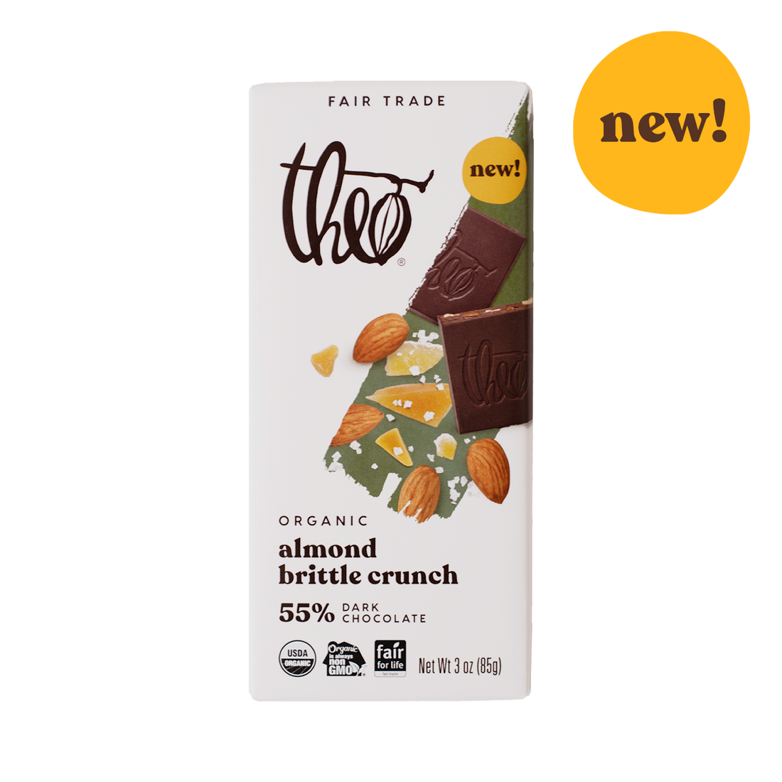 Front of Theo Organic Almond Brittle Crunch 55% dark chocolate bar with &