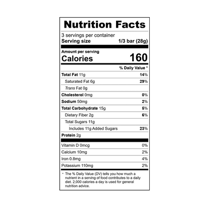 Nutrition facts label for Theo almond brittle crunch 55% dark chocolate bar