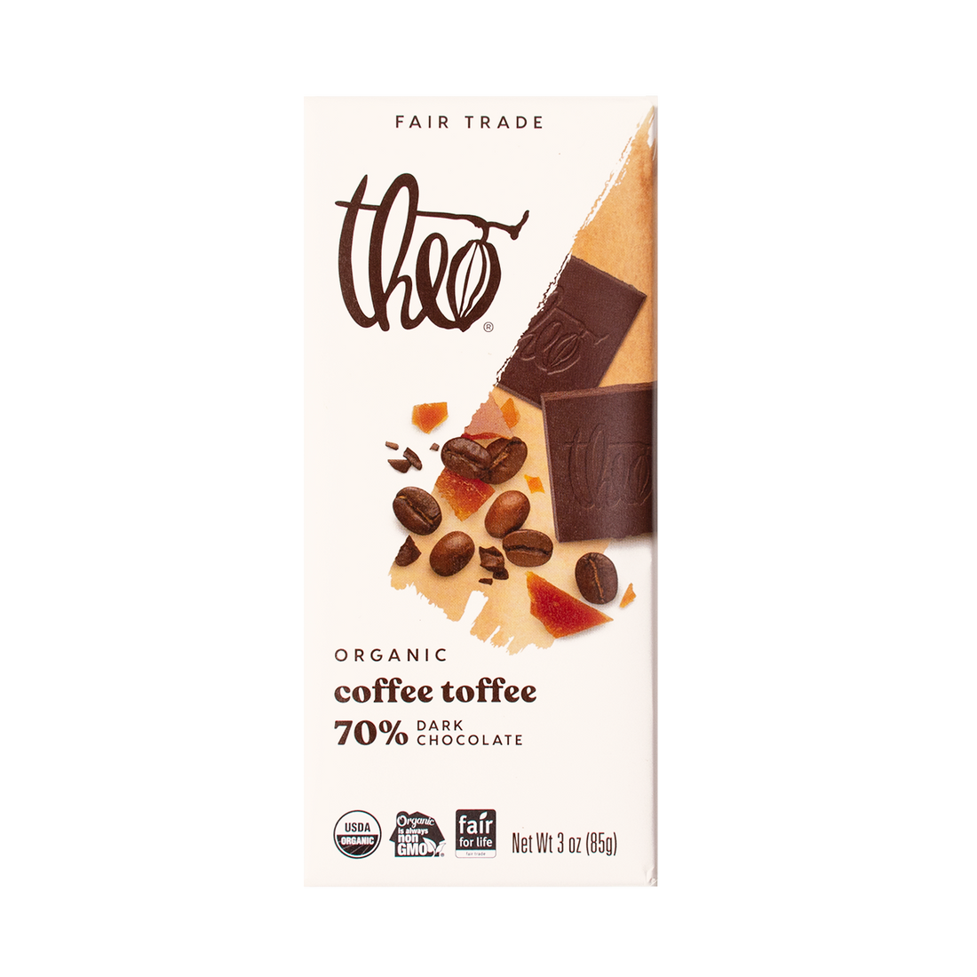 Theo Organic Coffee Toffee 70% Dark Chocolate bar packaging on a white background