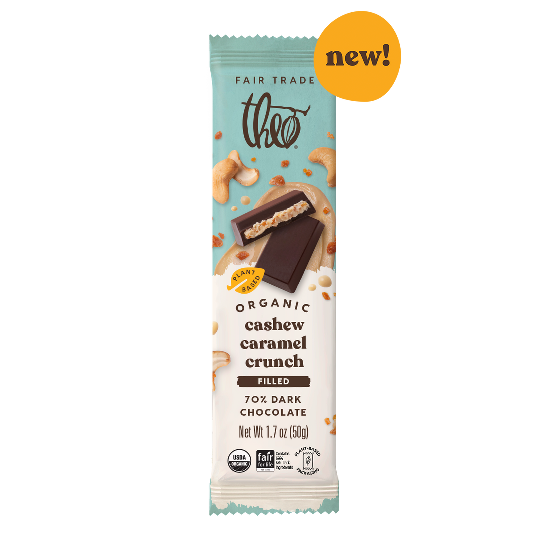 Theo cashew caramel crunch 70% dark chocolate bar packaging on a white background