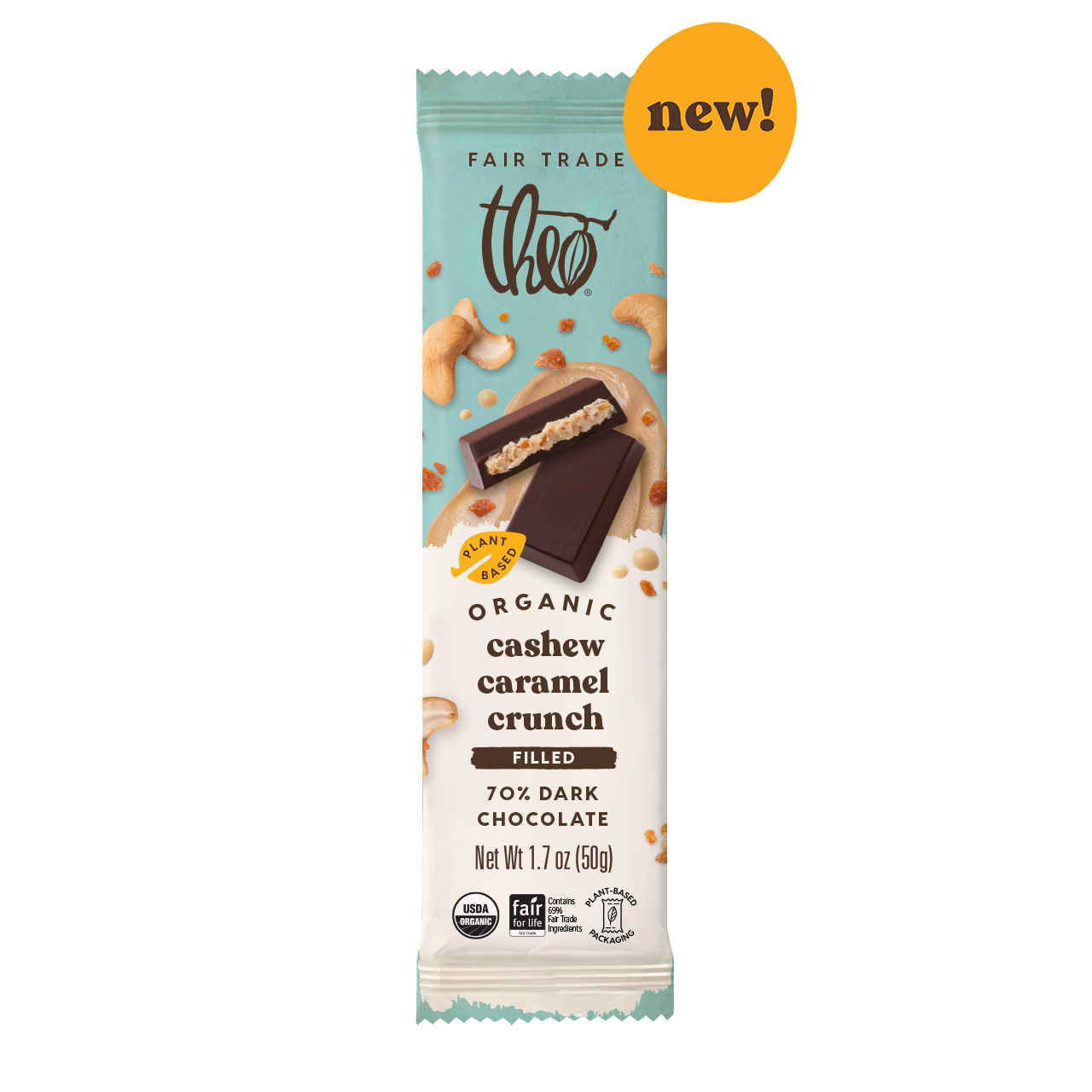 Theo cashew caramel crunch 70% dark chocolate bar packaging on a white background