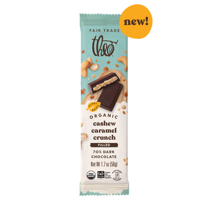 Theo cashew caramel crunch 70% dark chocolate bar packaging on a white background