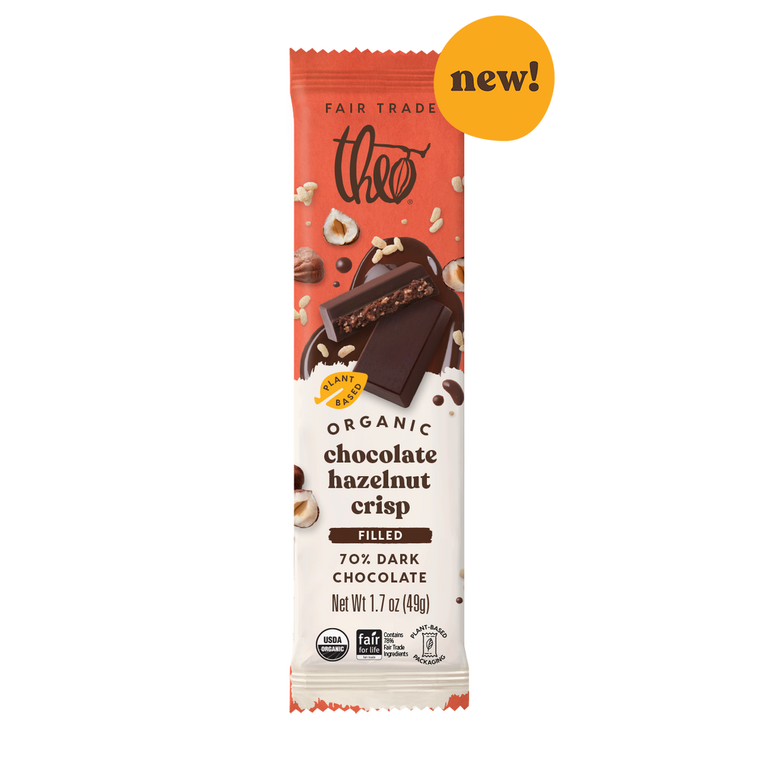 Theo 70% dark chocolate hazelnut crisp filled bar packaging with &