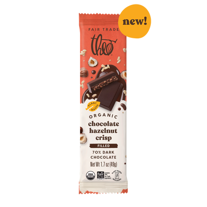 Theo 70% dark chocolate hazelnut crisp filled bar packaging with &