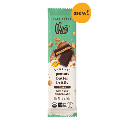 Theo Organic Peanut Butter Brittle 70% dark chocolate bar packaging on a white background
