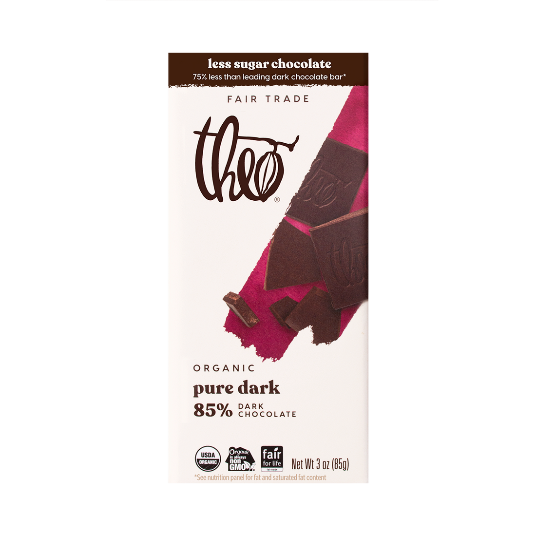 Theo organic pure dark 85% chocolate bar packaging on a white background