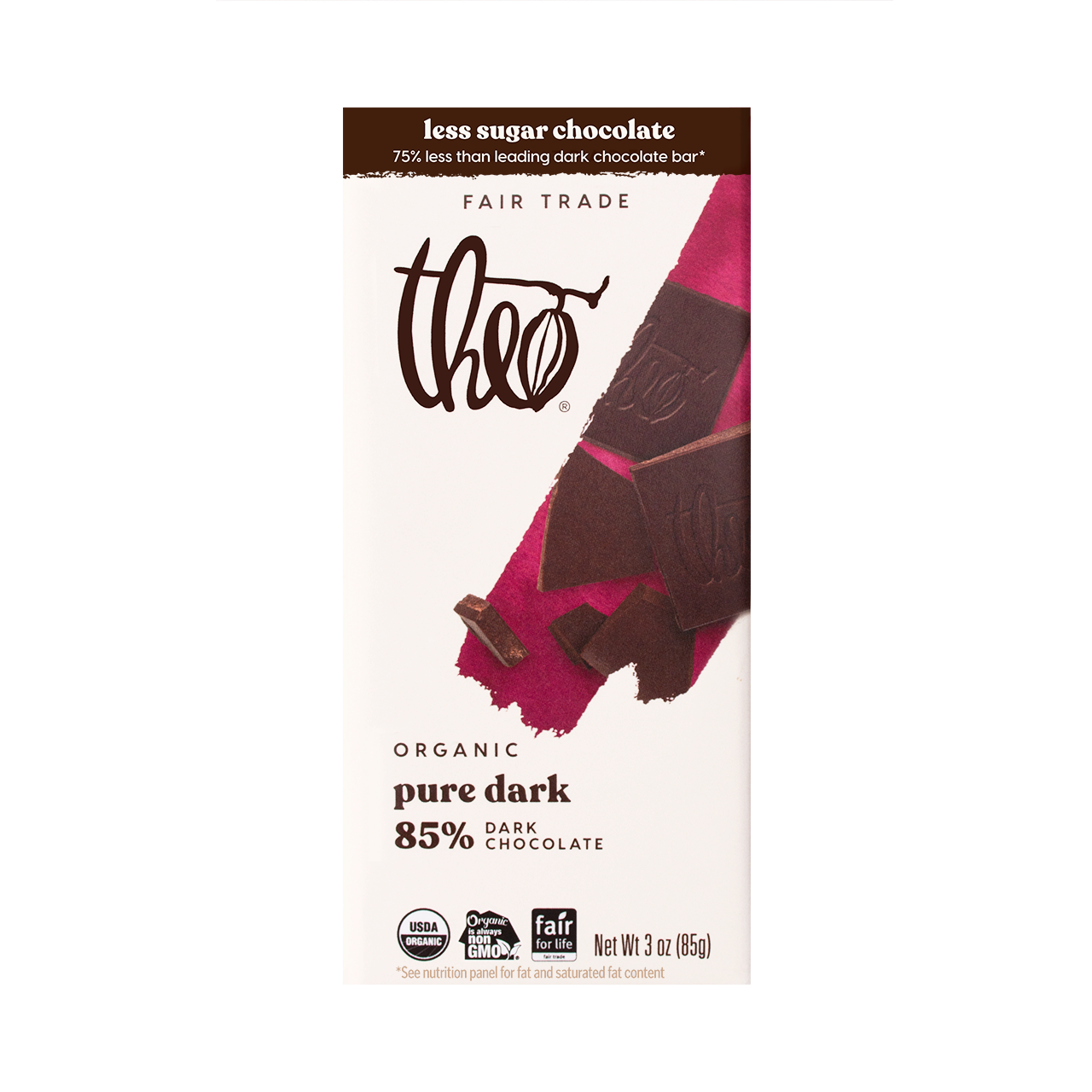 Theo organic pure dark 85% chocolate bar packaging on a white background