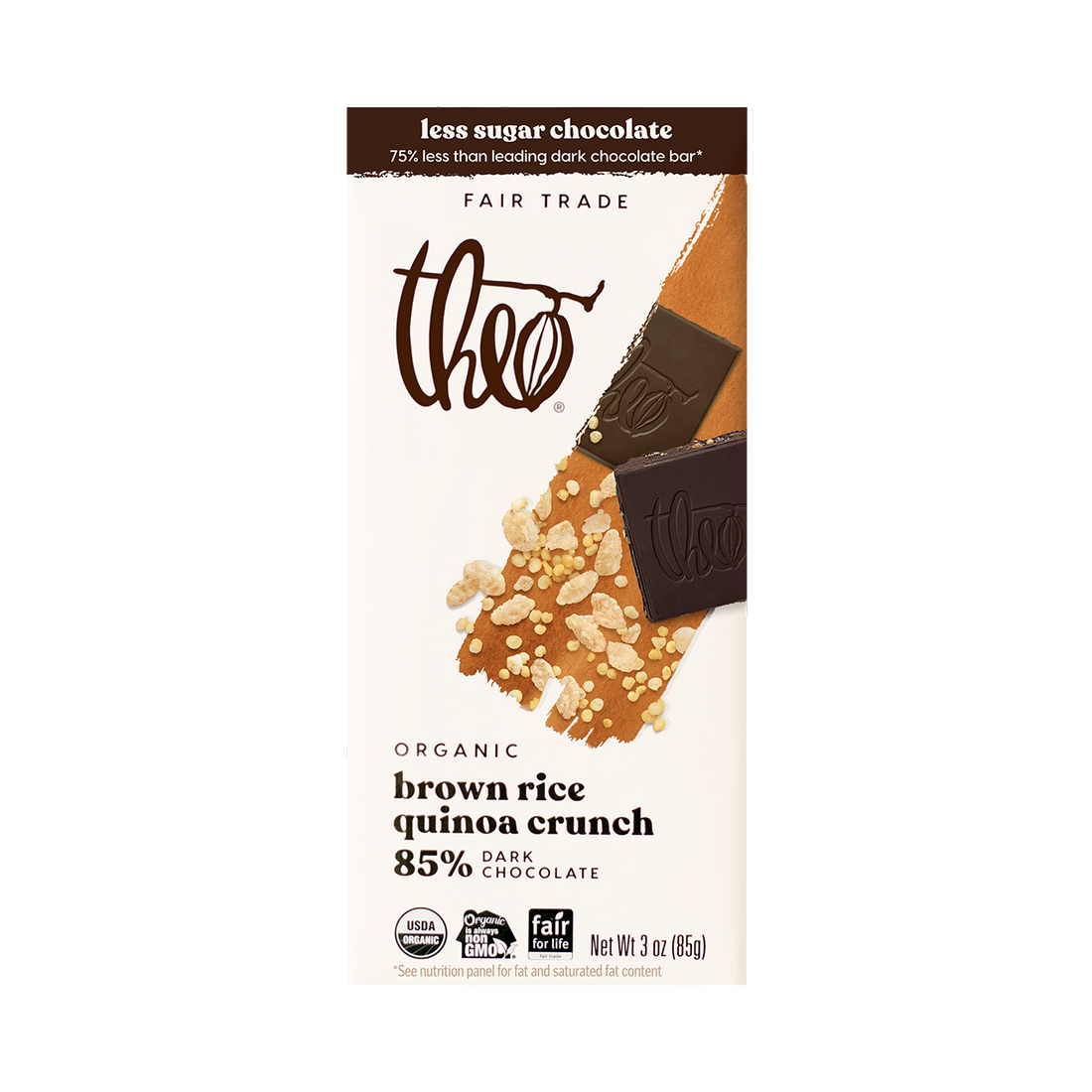 Theo brown rice quinoa crunch 85% dark chocolate bar packaging on a white background