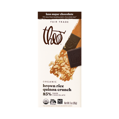 Theo brown rice quinoa crunch 85% dark chocolate bar packaging on a white background