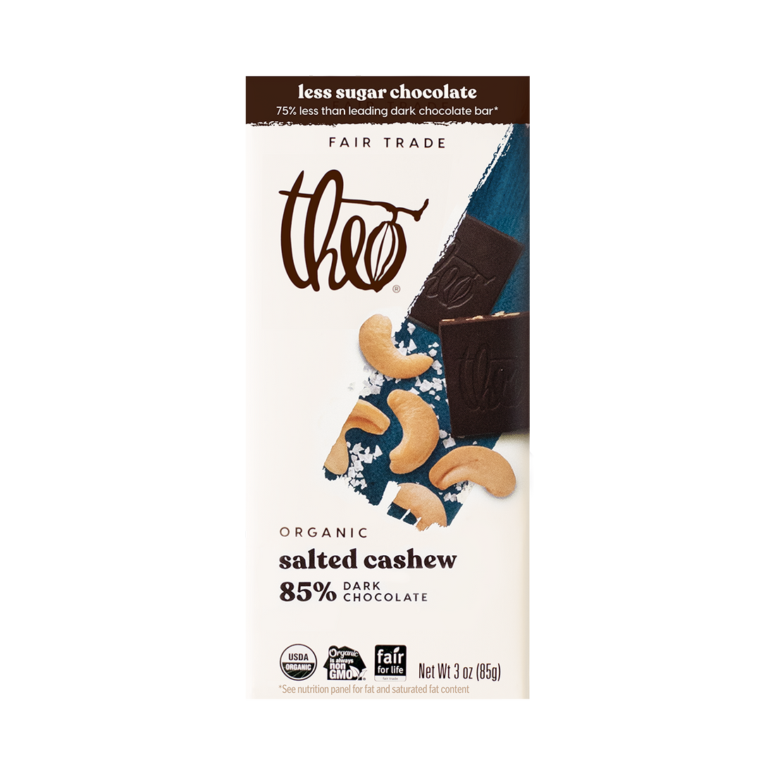 Theo salted cashew 85% dark chocolate bar packaging on a white background