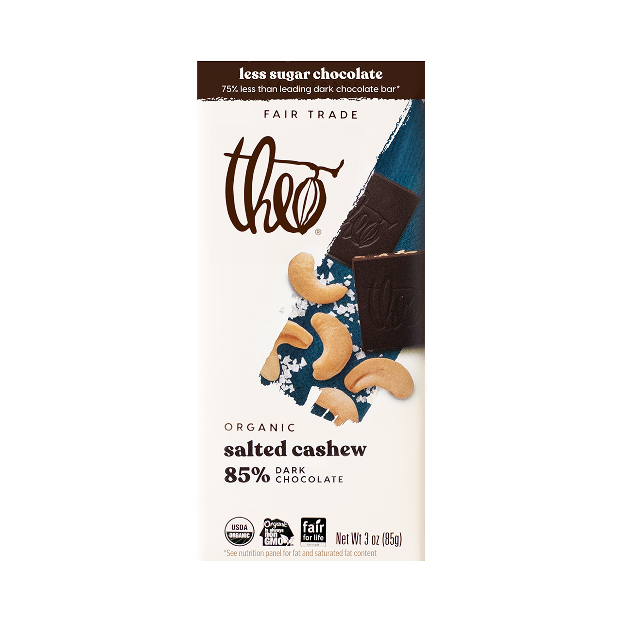 Theo salted cashew 85% dark chocolate bar packaging on a white background
