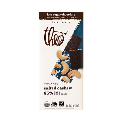 Theo salted cashew 85% dark chocolate bar packaging on a white background