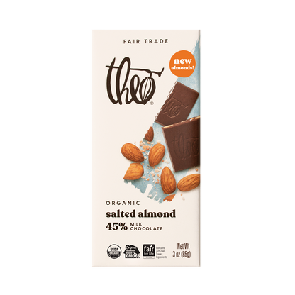 Theo Organic Salted Almond 45% Milk Chocolate bar packaging on a white background