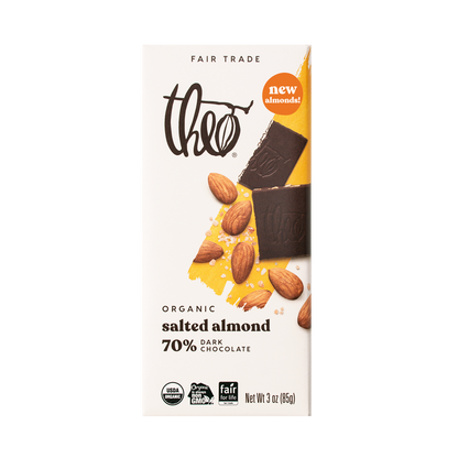 Theo Organic Salted Almond 70% Dark Chocolate packaging on a white background
