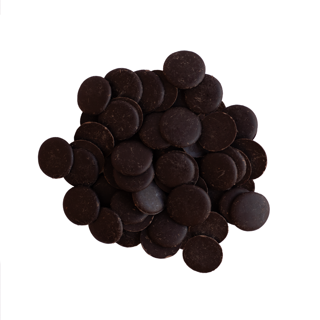 85% Dark chocolate button wafers on a white background