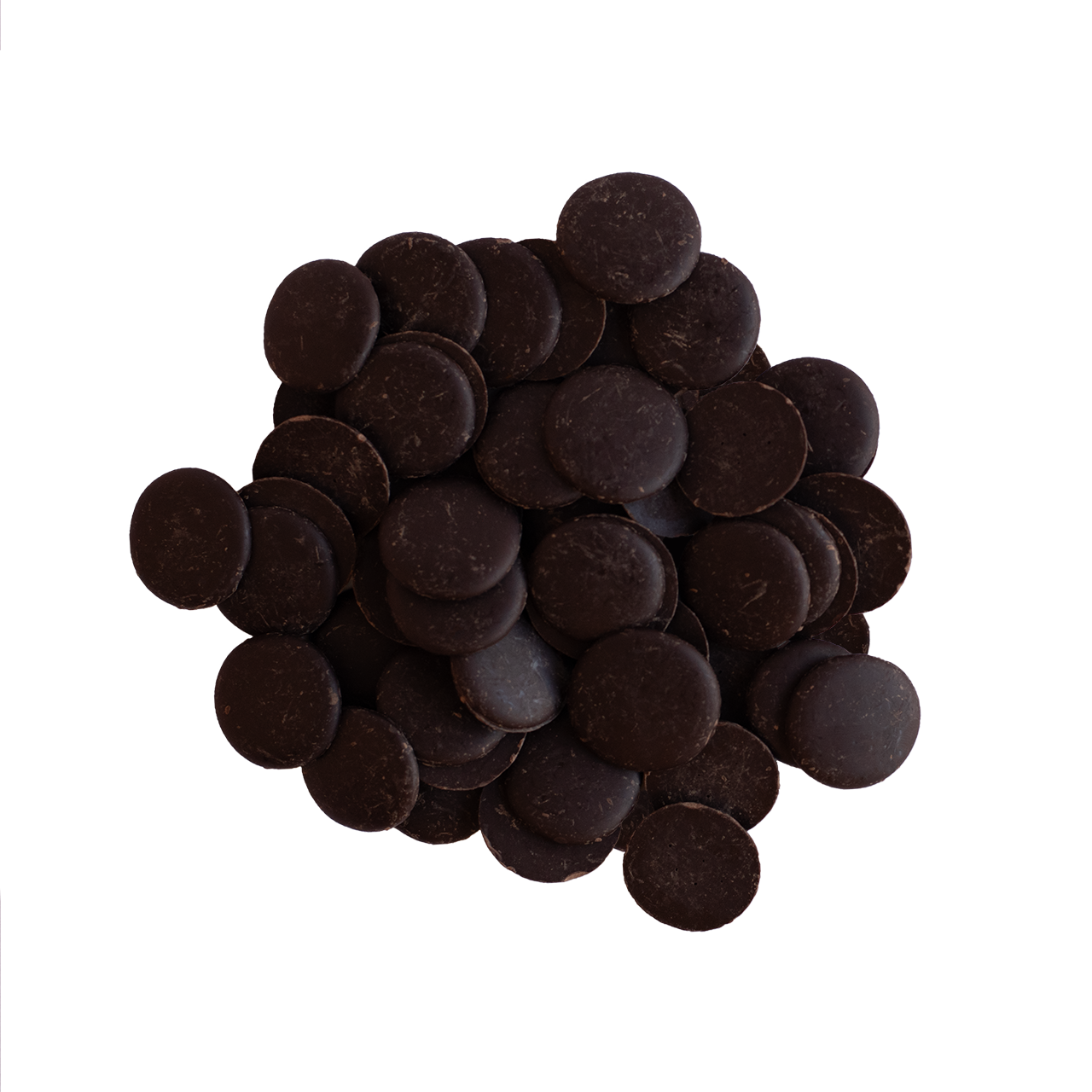 85% Dark chocolate button wafers on a white background