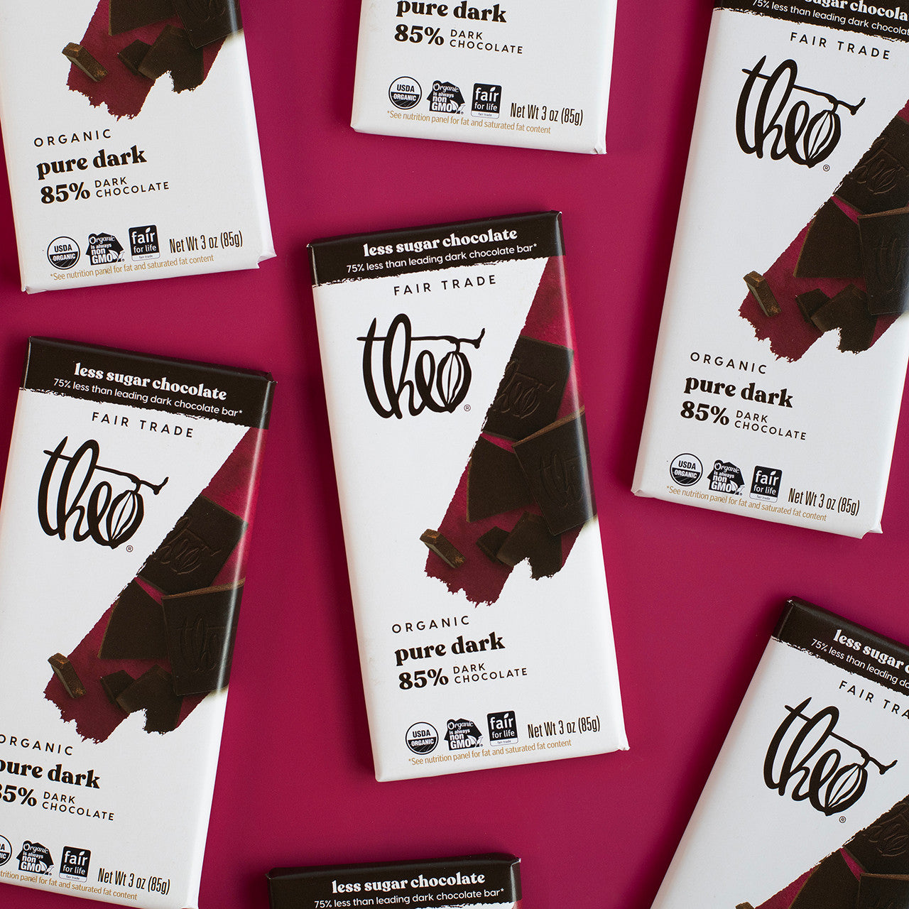 Theo dark chocolate bars on a pink background