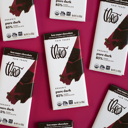 Theo dark chocolate bars on a pink background