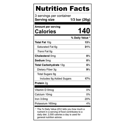 Nutrition facts label for Theo Gingerbread Toffee 70% dark chocolate bar