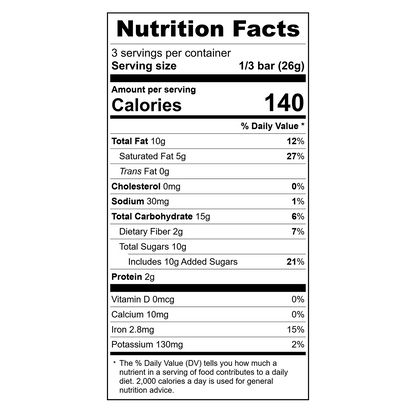 Nutrition facts label for a Theo Organic Nutcracker Brittle 55% dark chocolate bar 