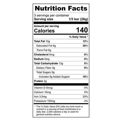 Nutrition facts label for a Theo Organic Peppermint Crunch 70% Dark Chocolate bar 