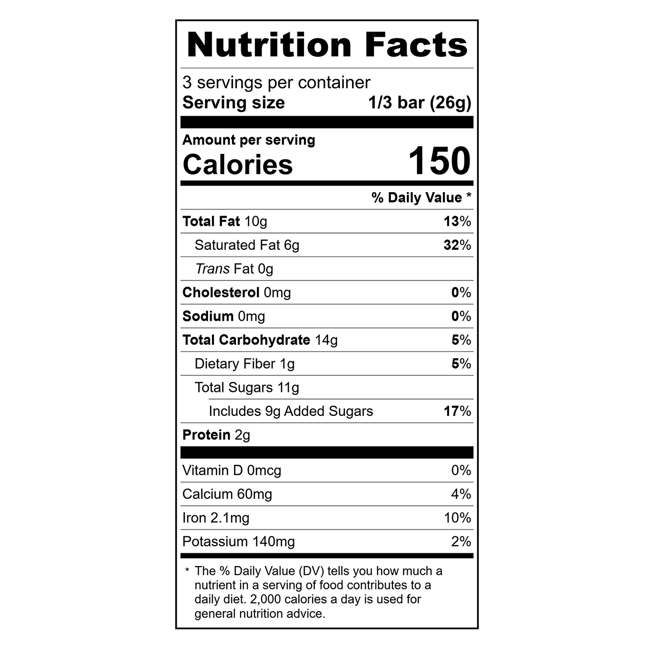 Nutrition facts label for Theo Sweet Vanilla 45% milk chocolate bar