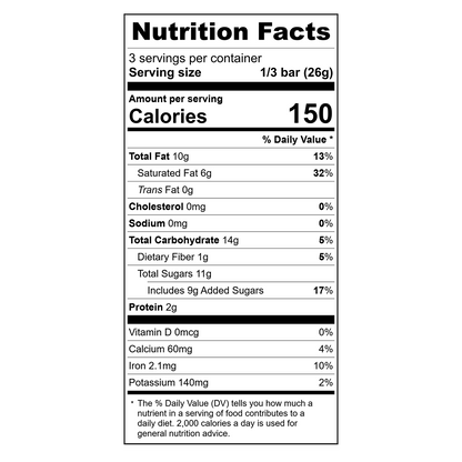 Nutrition facts label for Theo Sweet Vanilla 45% milk chocolate bar