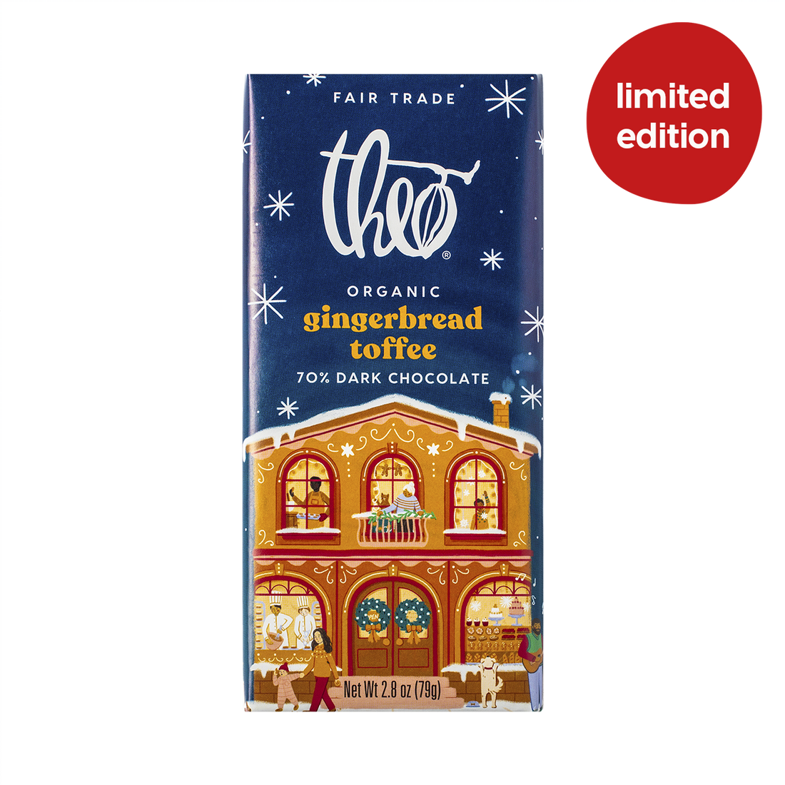 Theo Organic Gingerbread Toffee 70% dark chocolate bar packaging with a festive design on a white background.