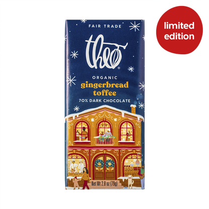 Theo Organic Gingerbread Toffee 70% dark chocolate bar packaging with a festive design on a white background.