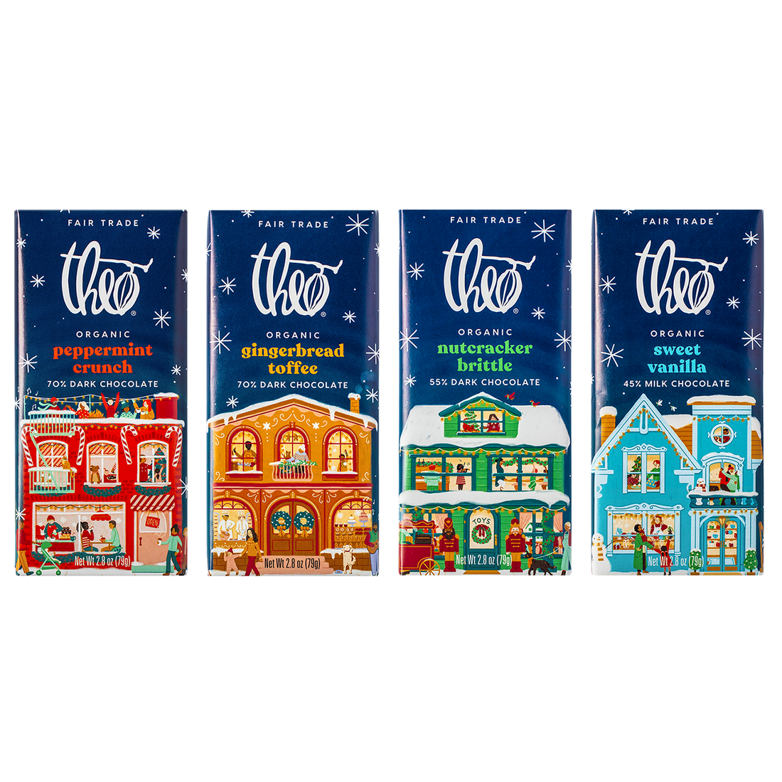 Four Theo Organic chocolate bars with festive village designs on the packaging.
