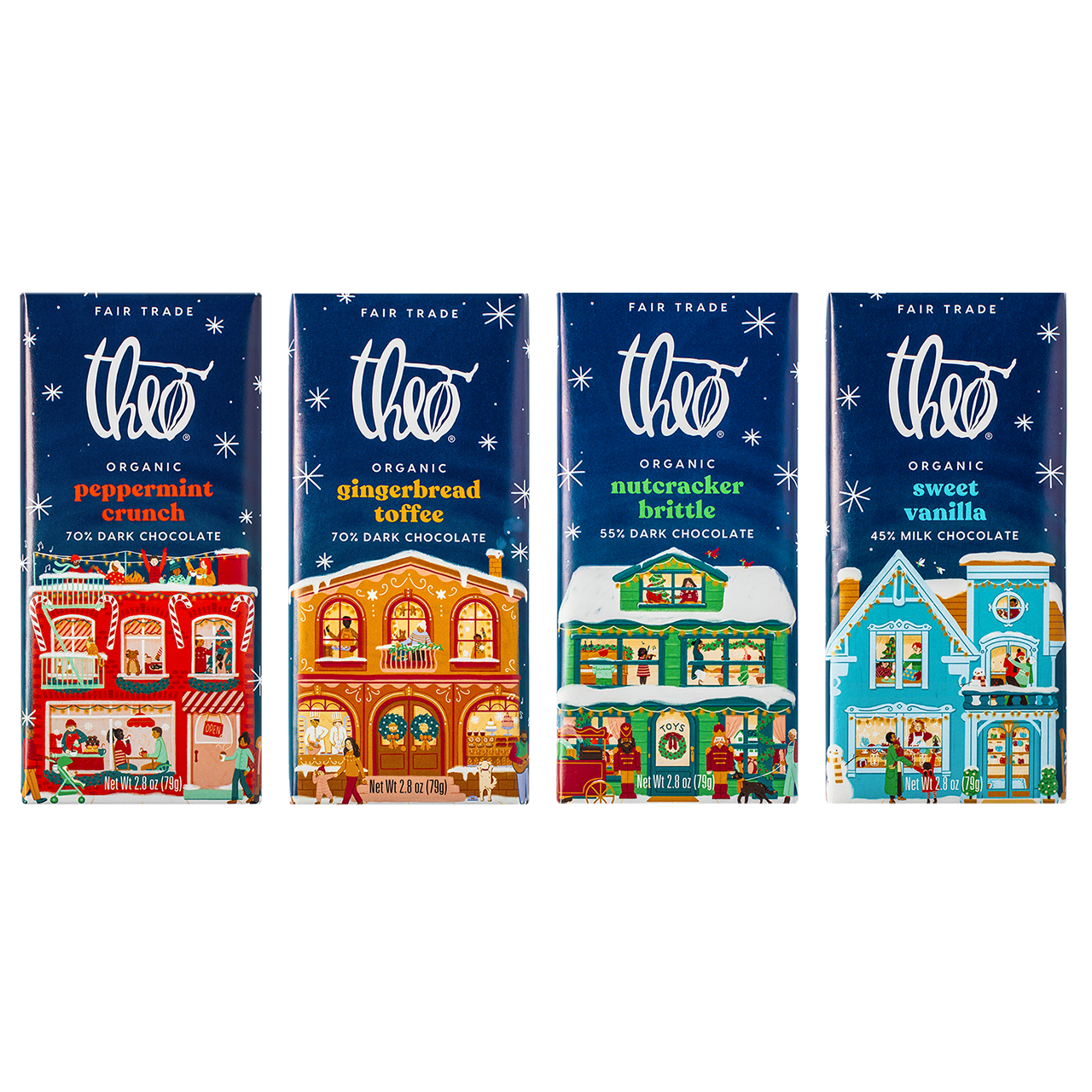 Four Theo Organic chocolate bars with festive village designs on the packaging.