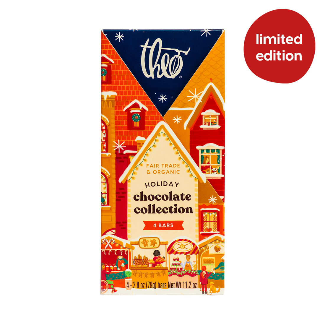 Theo Holiday Chocolate Collection packaging with festive design and &