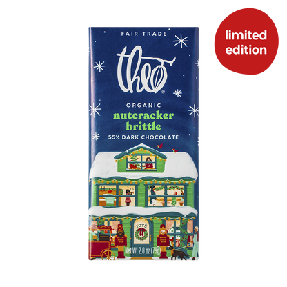 Theo Organic Nutcracker Brittle 55% dark chocolate bar packaging with a festive design on a white background.